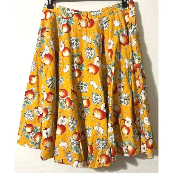 Hell Bunny Apples and Leaves All Over Golden Yellow Skirt Size XL - Picture 3 of 4